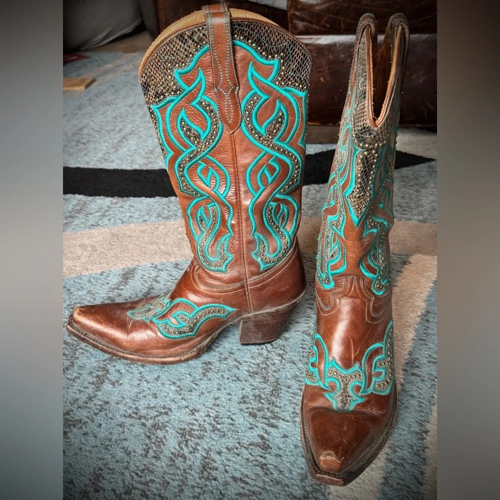 Lucchese Brown and Teal Heeled Western Boots - Picture 3 of 11